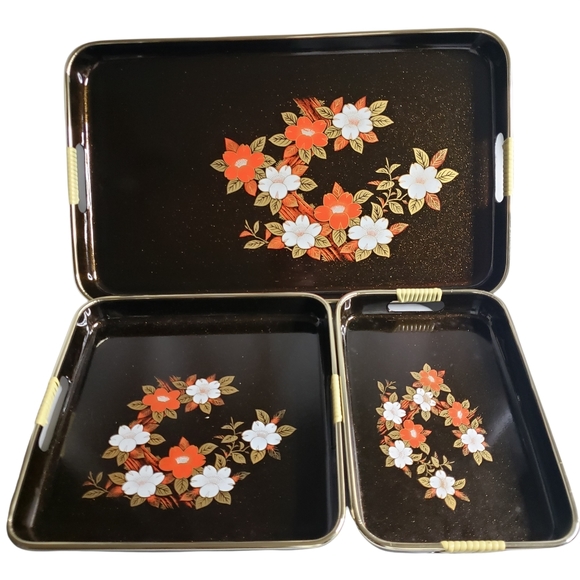 Vintage Other - 3 Piece Floral Lacquer Ware Serving Tray Set